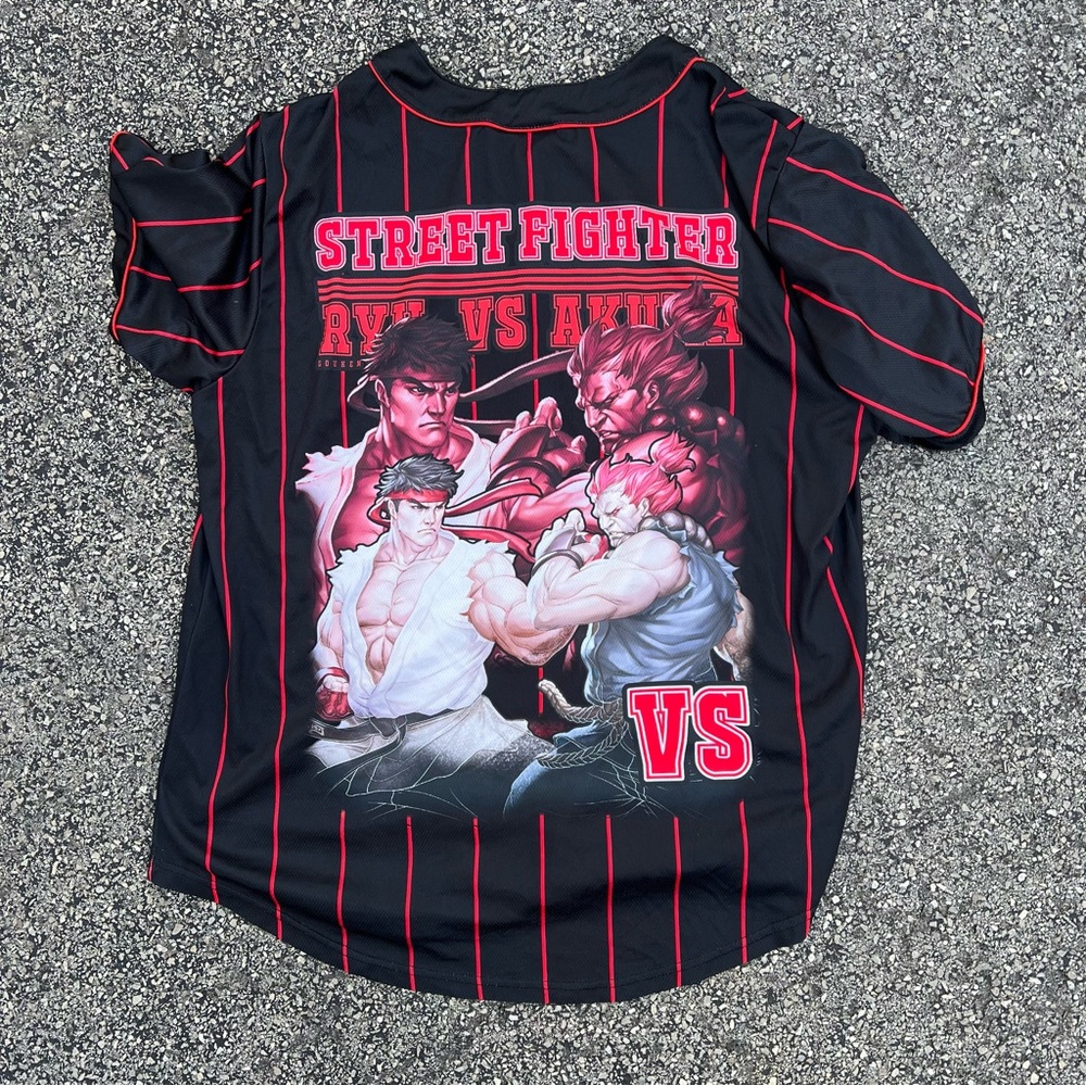 Street Fighter Vintage Pin Stripe Baseball Jersey RYU VS AKUMA Button Up Large